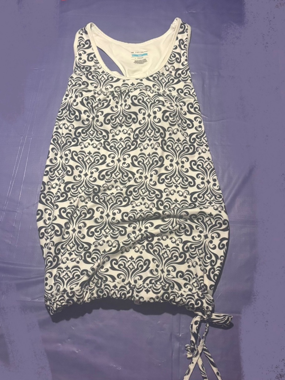 Drawstring balloon bow tie hem yoga tank top Y2K ornate 00s whimsy brocade